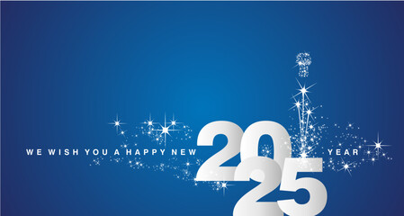 We wish you a Happy New Year 2025 event new elegant style calendar numbers shining silver white blue greeting card.ai