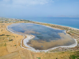 Aerial view of Tigaki salt lake, Kos island, Greece.  