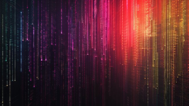 Digital rain falls in shades of red, pink, blue, and gold against a dark background.