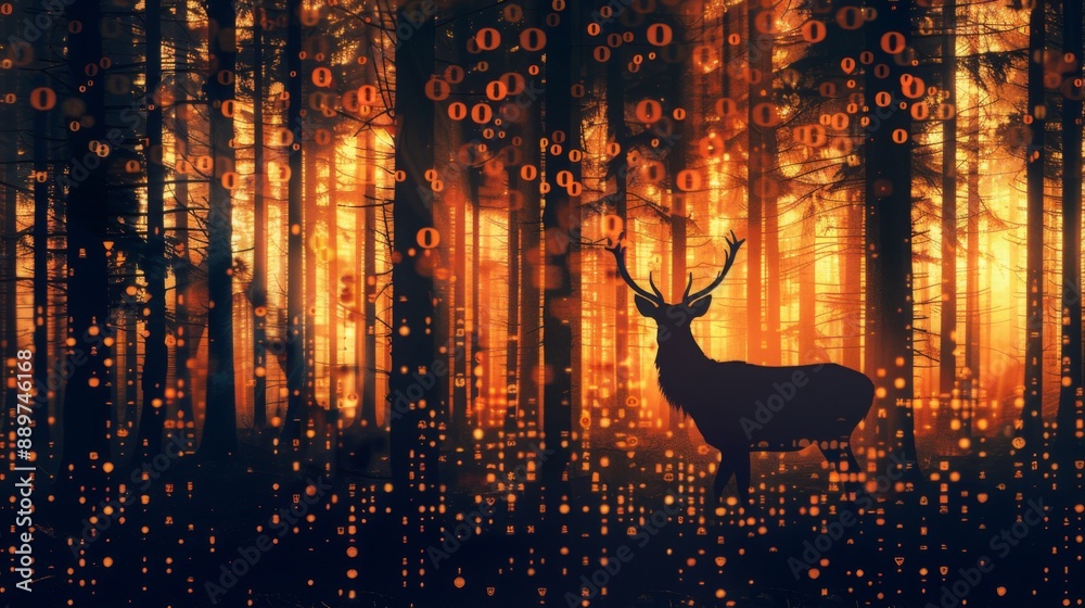 Poster a silhouette of a deer stands in a forest, surrounded by glowing digital patterns.