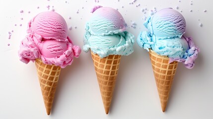 Three cotton candyflavored ice cream cones isolated on a white background featuring pink blue and purple colors