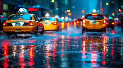 Nighttime heavy rain with reflections of city lights illuminating the wet streets, accompanied by a...