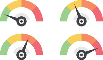 Animated speedometer sign. Indicator level icon. Risk level. Car speedometer cartoon animation on white. Risk meter. Risk concept on speedometer, vector illustration. Scale low, medium or high risk on