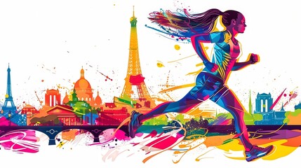 A woman running in front of the Eiffel Tower