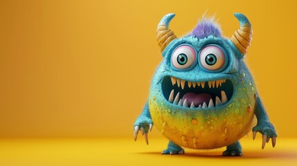 Cute 3D cartoon monster with colorful background. This character could be related to animation, children’s media, or character design.