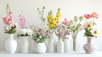 Beautifully arranged fresh flowers in elegant vases on a clean white background. 32k, full ultra HD, high resolution