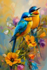 Fototapeta premium Two vibrant birds perched on a branch among colorful flowers. Painted style artistic background