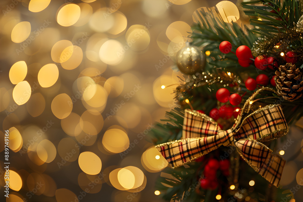 Wall mural elegant red new year's background with new year's balls and christmas tree branches. frame of new ye