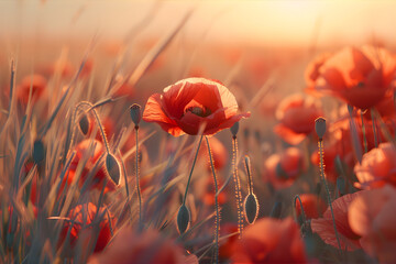 Obraz premium Field with red poppies. Field with red summer flowers in sunset light. Summer concept.