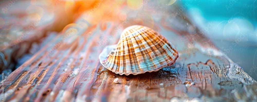 Poster a close up of shell is sitting on a wooden surface. free copy space for banner.