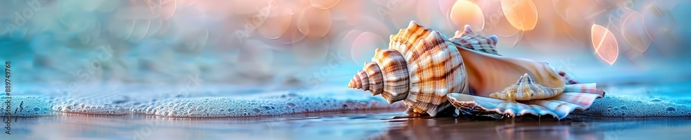 Canvas Prints a close up of shell is sitting on a wooden surface. free copy space for banner.