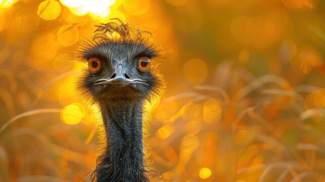A close-up portrait of a curious emu with mesmerizing orange eyes against a beautifully blurred golden background, highlighting its distinct features
