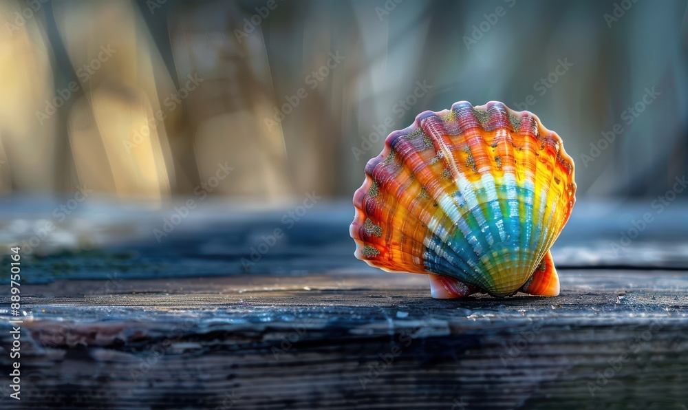 Poster a close up of shell is sitting on a wooden surface. free copy space for banner.