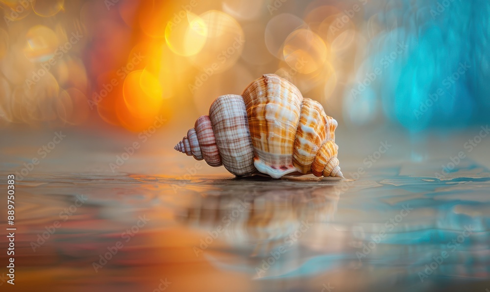 Poster a close up of shell is sitting on a wooden surface. free copy space for banner.
