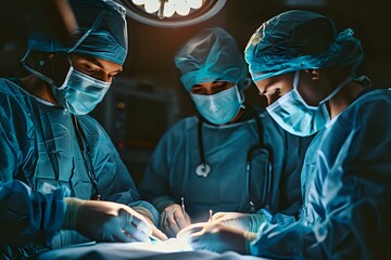 A focused team of surgeons performing a complex operation in a well-lit surgical room. The medical professionals, dressed in sterile surgical attire and masks, work with precision under the bright