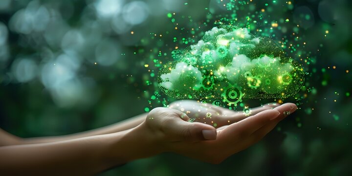 A conceptual image of hands holding a glowing green cloud with digital gears and elements, symbolizing technology and sustainability. Ideal for themes of innovation, green technology