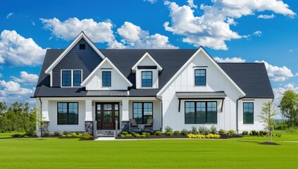 A white house with black roof against the blue sky, showing off its traditional charm and modern style Generative AI