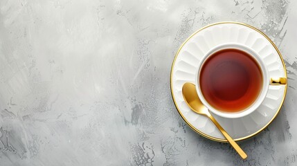 White cup of tea with a gold spoon on a grey background Copy space available Top view
