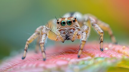 Fototapeta premium Up-close photograph of a spider with intricate details of its eyes and body, highlighting the texture and colors of the spider and the colorful background