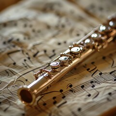 A close-up image of a beautiful silver flute resting on old, yellowed sheet music pages with...