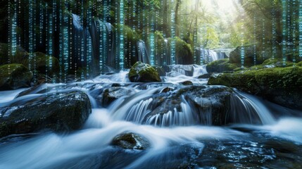 A cascading waterfall flows over moss-covered rocks in a lush green forest, with digital code cascading through the scene.