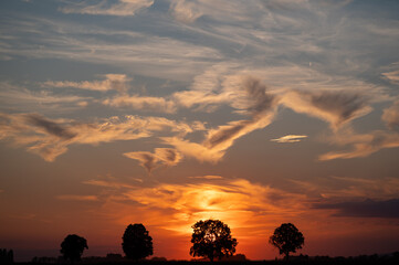 Sunset with cirrus clouds near Rettenbach, Lower Bavaria, Germany