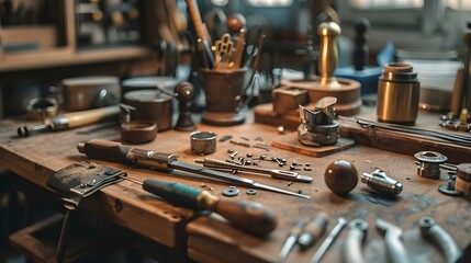 Various goldsmith tools on a jewelry workplace