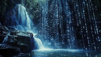 A waterfall cascades down rocks in a lush, dark forest. Behind the waterfall, digital rain falls from the sky, creating a surreal and ethereal scene.