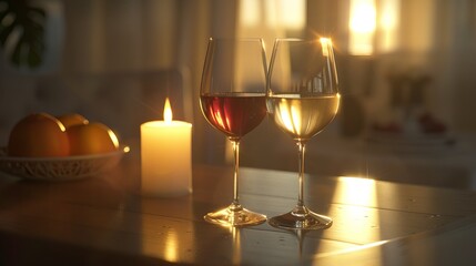 Two glasses of white and red wine are on a table. A candle is shining nearby, and the sunlight is streaming in.