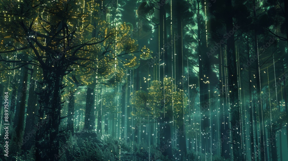 Poster A magical forest illuminated by strings of twinkling lights, creating an enchanting ambiance.