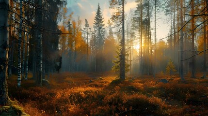 Fototapeta premium Beautiful autumn evening in Lapland forest