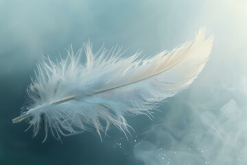 Fototapeta premium Delicate white feather floating gracefully against a soft, misty background, evoking a sense of lightness and tranquility. Ideal for themes of peace, serenity, and nature-inspired designs.