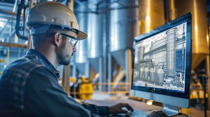 Using CAD software on a computer, an Agricultural Engineer creates a 3D model of an efficient grain storage and handling system.