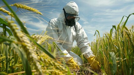 An Agricultural Inspector in protective gear examines crops in a field, checking for signs of disease or pests.