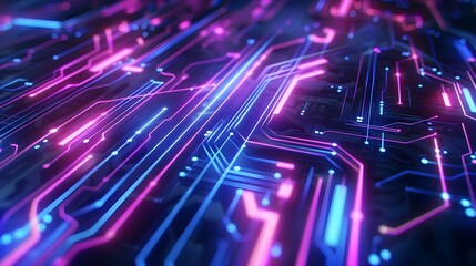 Glowing blue and purple neon circuit board lines abstract