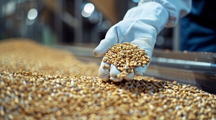 Wearing gloves, an Agricultural Inspector collects samples of grain from a storage facility, ensuring compliance with safety standards.