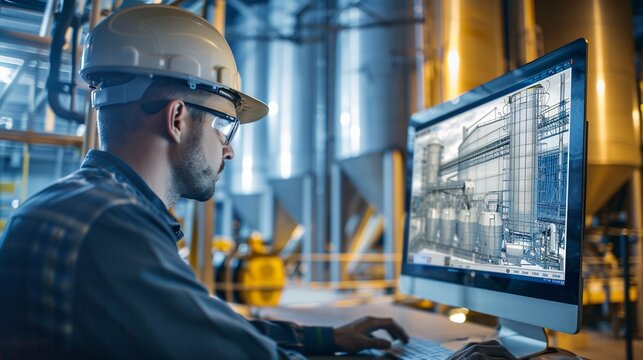 Using CAD software on a computer, an Agricultural Engineer creates a 3D model of an efficient grain storage and handling system.