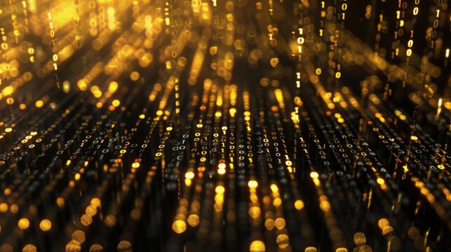 A digital background featuring binary code in a repeating pattern with a shimmering golden glow.