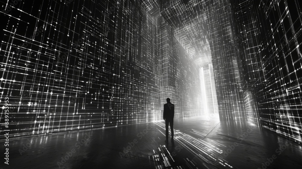 Aufkleber A solitary figure stands in a digitally-constructed corridor illuminated by white lines of light. The walls are composed of grids and patterns, creating a futuristic and abstract environment.