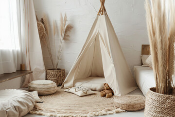 Boho-themed kids room featuring play tent, soft textures, and natural tones. Perfect for lifestyle magazines, interior design showcases, or decor inspiration for family-friendly spaces.