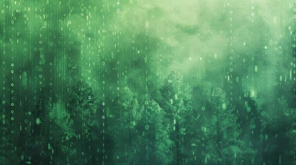 A hazy green forest with a digital overlay of 1's and 0's.