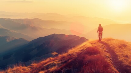 A hiker walks along a sunlit mountain ridge at sunset, surrounded by rolling hills and warm, golden hues. The image symbolizes peace and reflection.