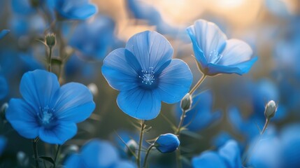 Stunning close-up of vibrant blue flowers in full bloom with a soft-focused background, illuminated by a warm, golden light that creates a dreamlike and serene atmosphere