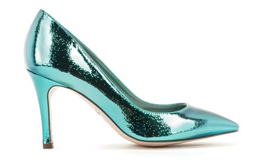 Obraz premium Shiny teal high heel shoes for women, stylish and elegant for any party or event.