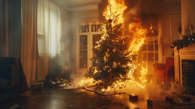 Dramatic image of burning Christmas tree in living room