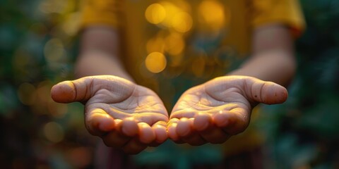 A vivid close-up of a person's open hands extended outward with blurred golden bokeh lights in the background, conveying a sense of wonder and generosity