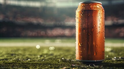Chilled Beer Can with Condensation in Front of Blurry Football Field - Perfect for Game Day Ads