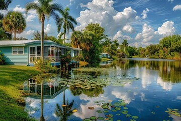 Tropical waterfront mobile home park with palm trees and lily pads