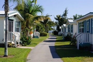 Tropical mobile home community with palm-lined pathway
