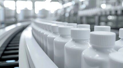 Fototapeta premium White plastic bottles on a conveyor belt in a pharmaceutical manufacturing factory, close-up shot of packaging for medicines or cosmetics